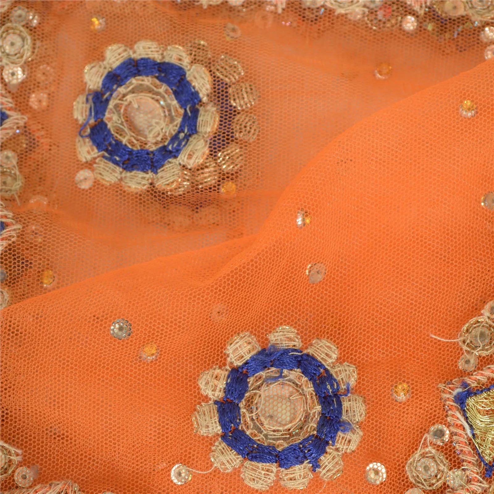 Sanskriti Vintage Orange Long Dupatta Stole Net Mesh Veil Hand Beaded Scarves