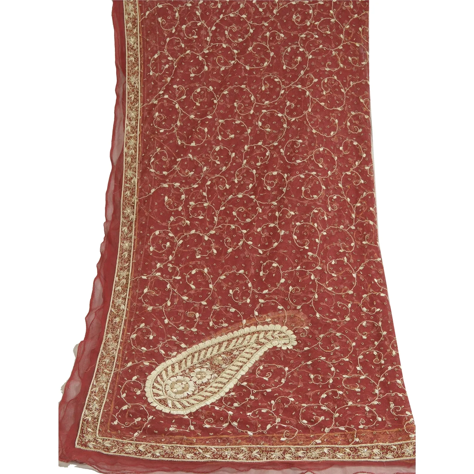 Sanskriti Vintage Red Long Dupatta Stole Net Mesh Veil Hand Embroidered Scarves