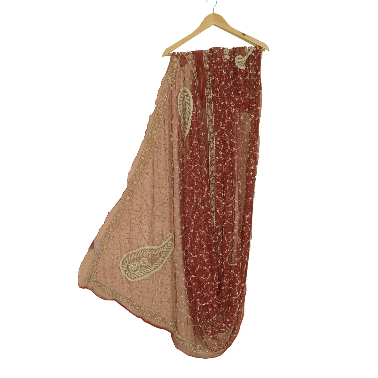 Sanskriti Vintage Red Long Dupatta Stole Net Mesh Veil Hand Embroidered Scarves