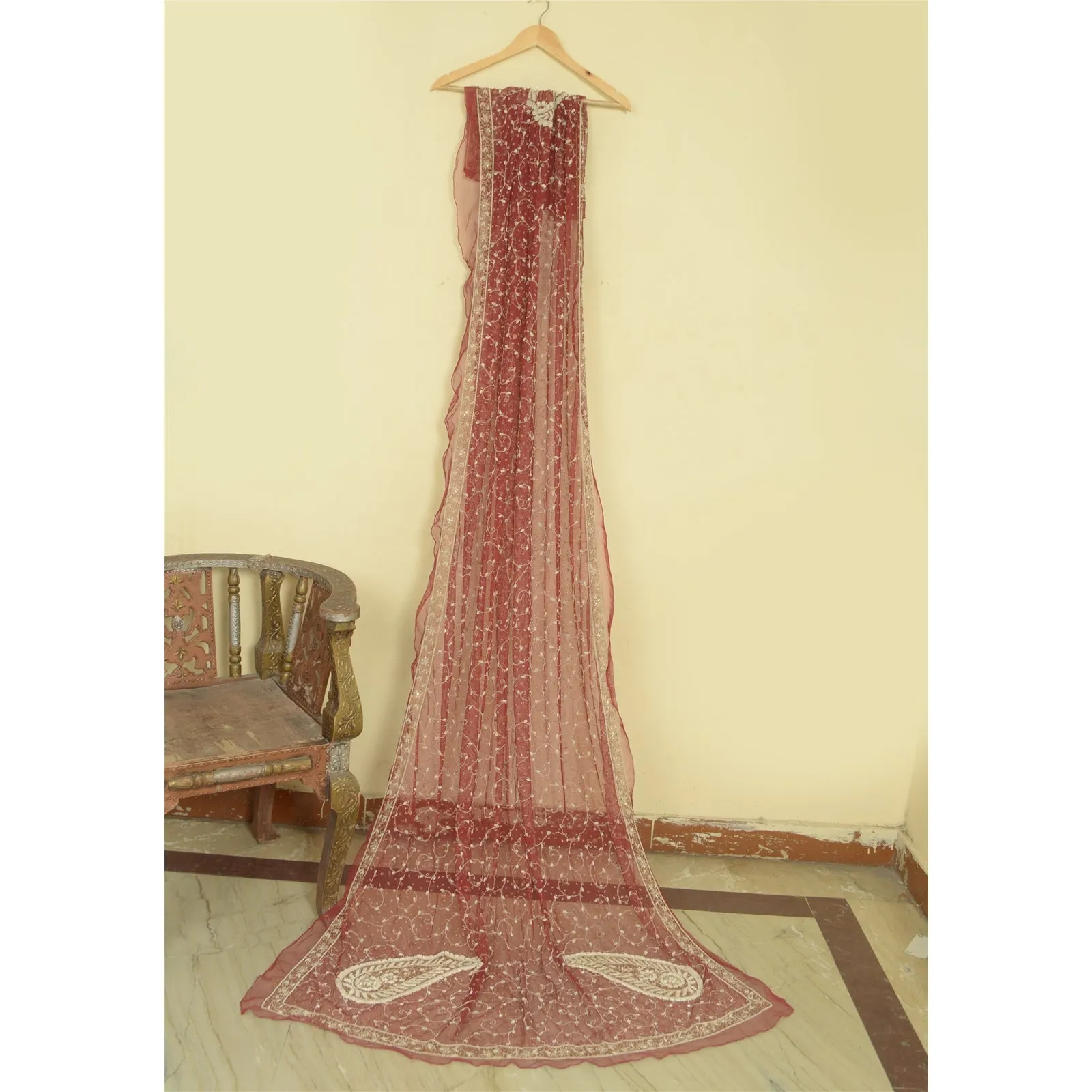 Sanskriti Vintage Red Long Dupatta Stole Net Mesh Veil Hand Embroidered Scarves