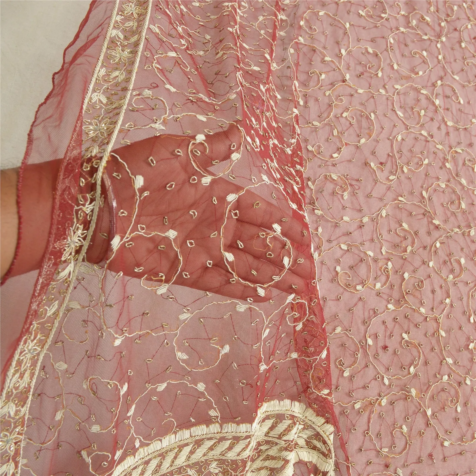 Sanskriti Vintage Red Long Dupatta Stole Net Mesh Veil Hand Embroidered Scarves