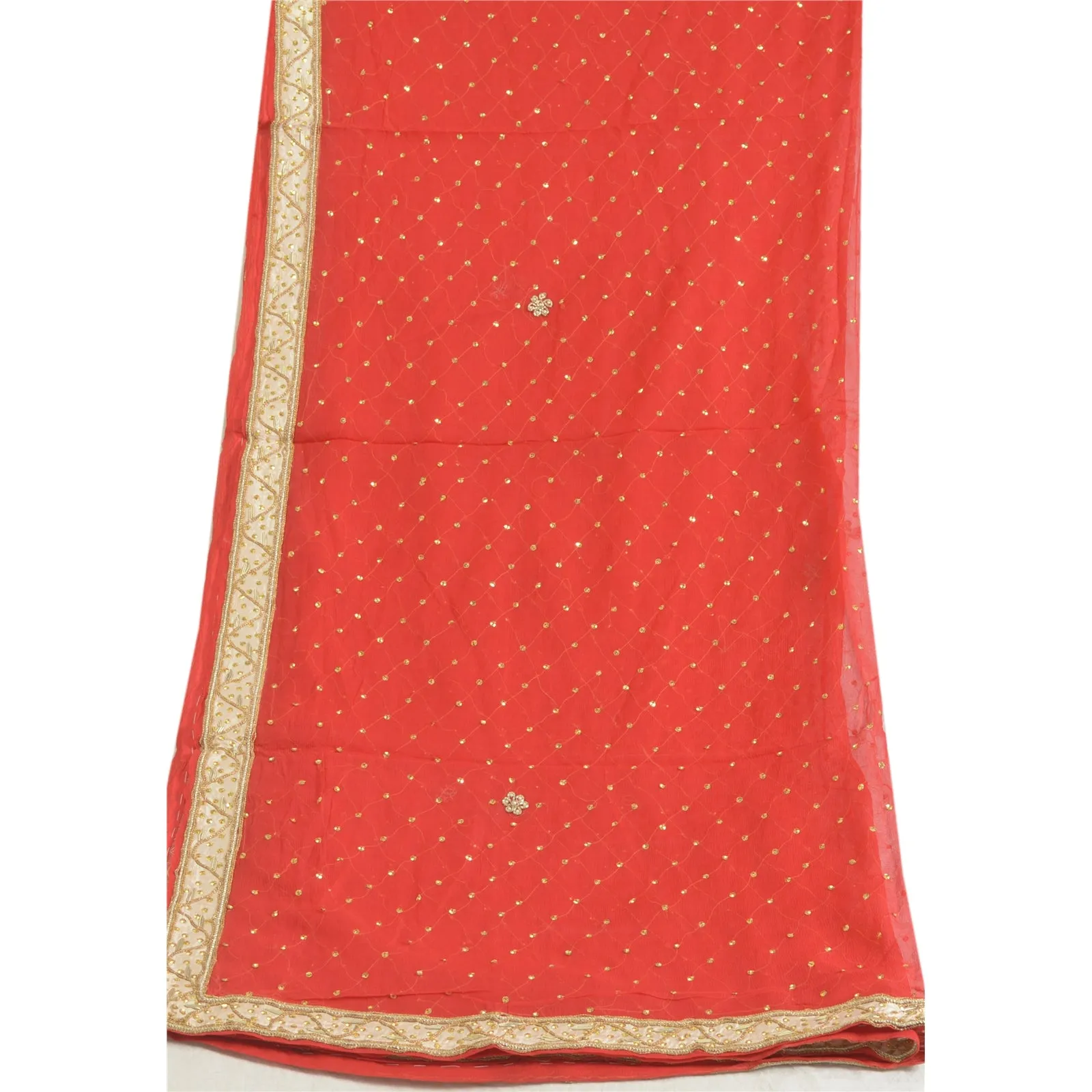 Sanskriti Vintage Red Long Dupatta Stole Pure Chiffon Silk Hand Beaded Scarves