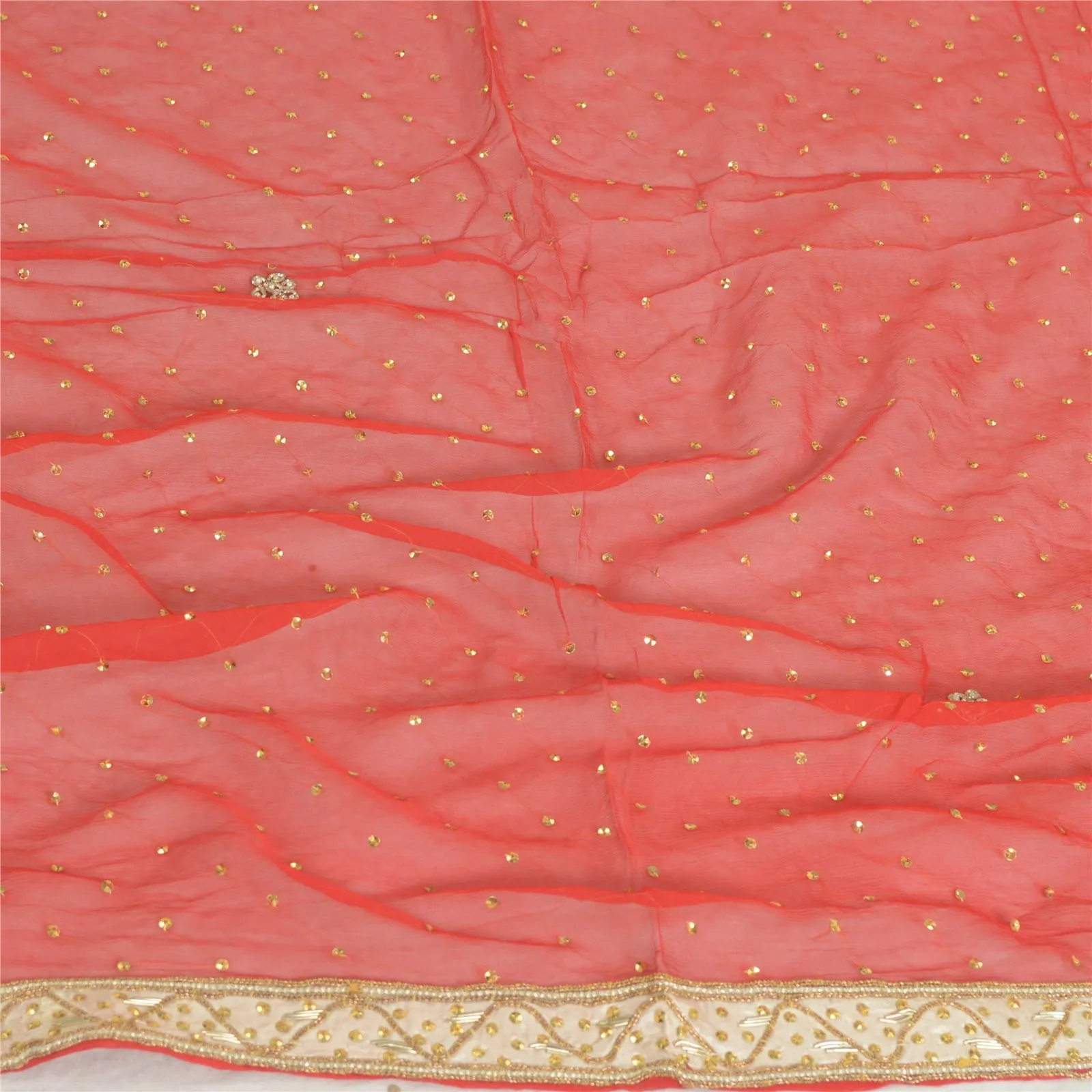 Sanskriti Vintage Red Long Dupatta Stole Pure Chiffon Silk Hand Beaded Scarves