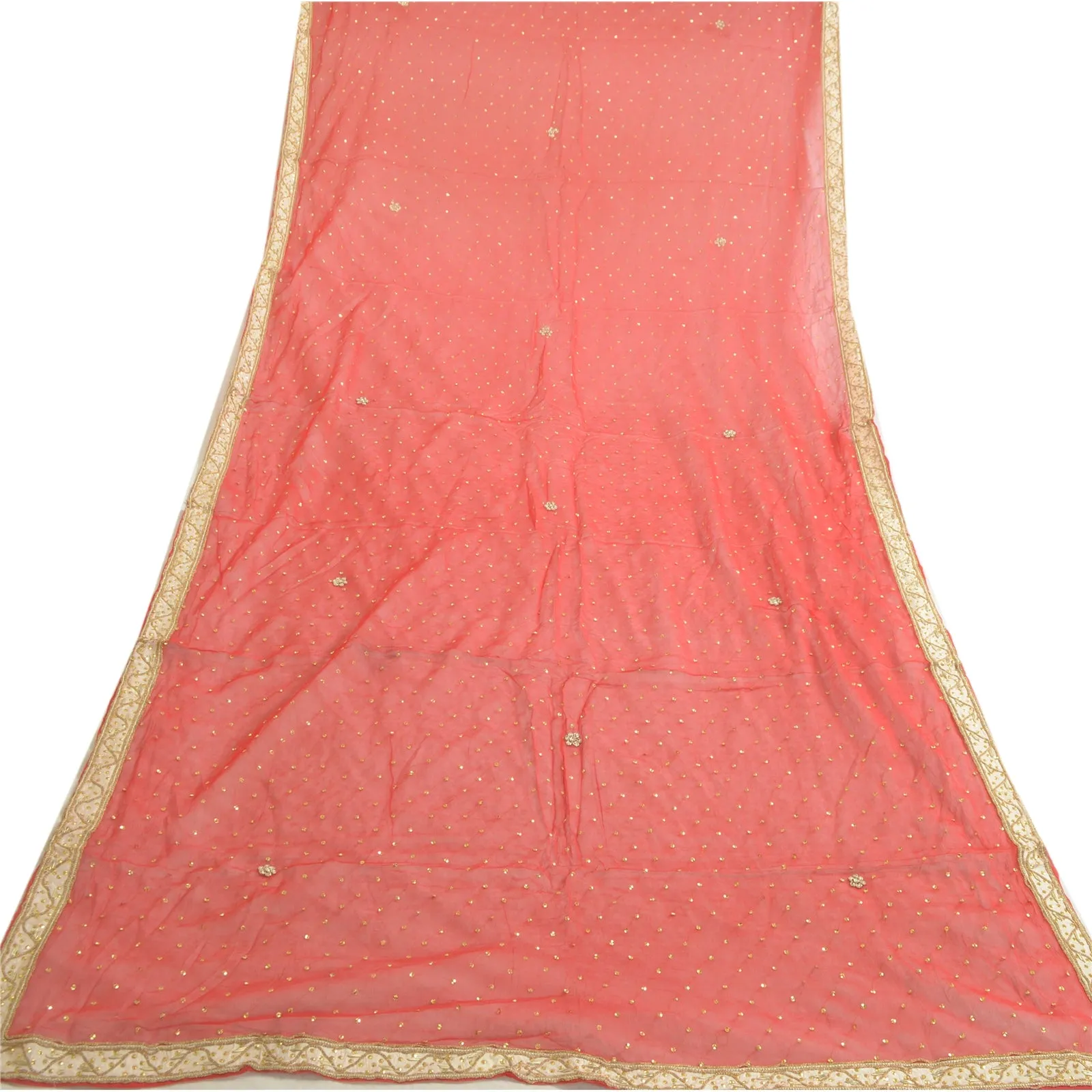 Sanskriti Vintage Red Long Dupatta Stole Pure Chiffon Silk Hand Beaded Scarves