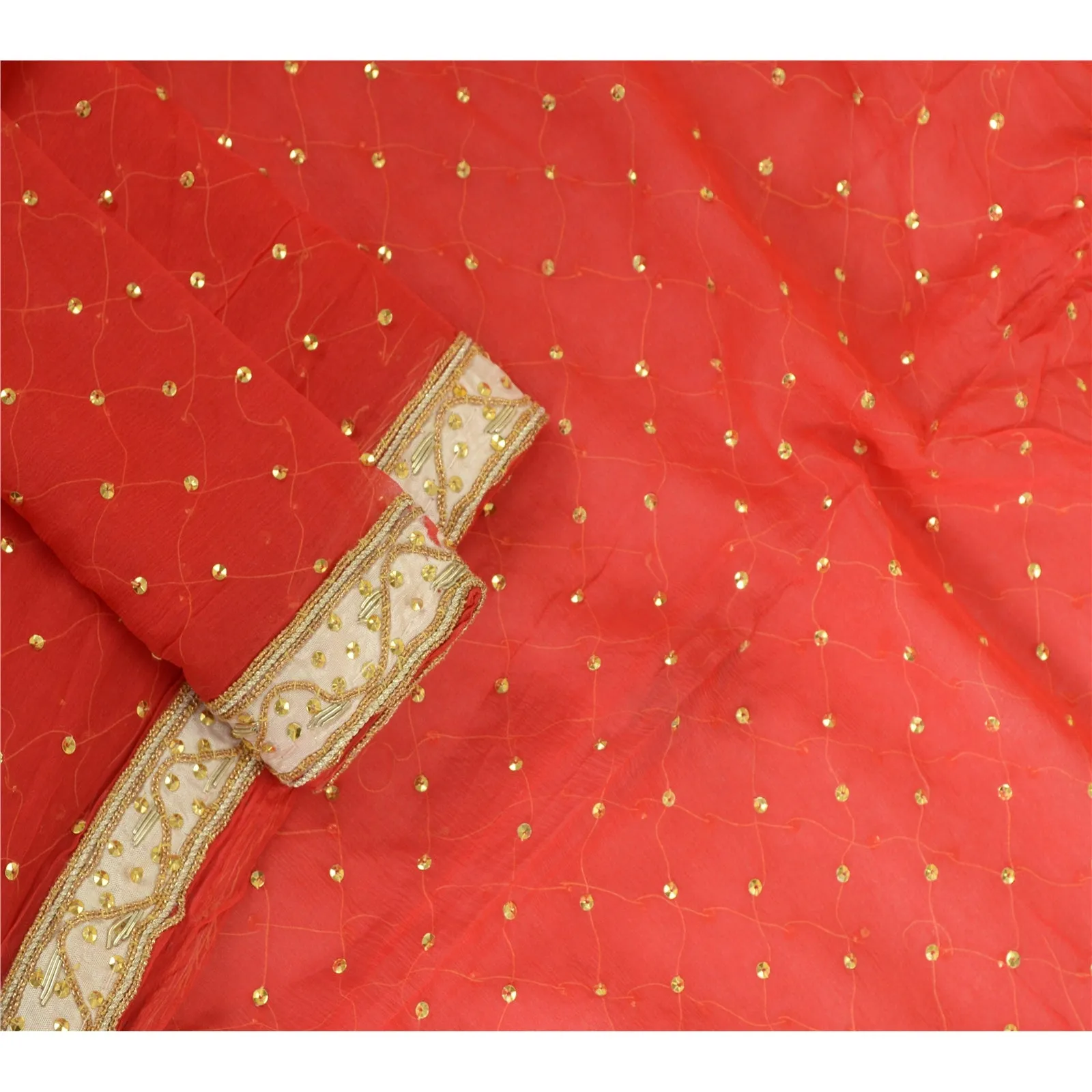 Sanskriti Vintage Red Long Dupatta Stole Pure Chiffon Silk Hand Beaded Scarves