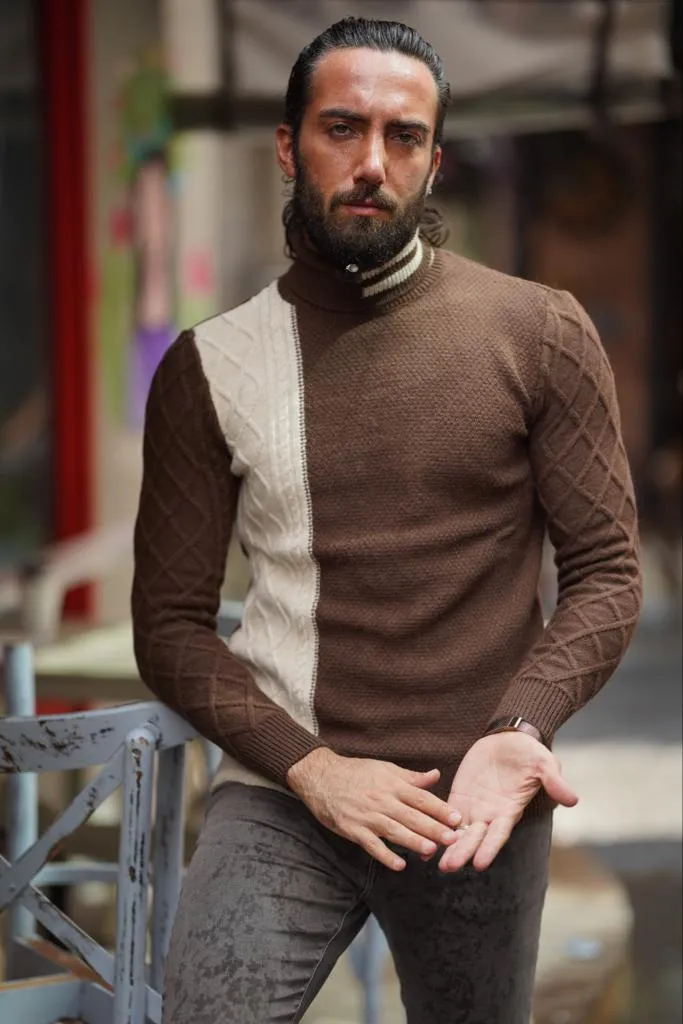 Thread Slim Fit Custom Design Brown Turtleneck