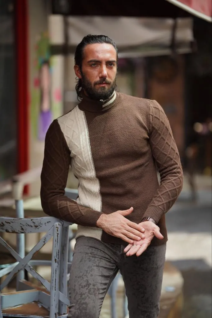 Thread Slim Fit Custom Design Brown Turtleneck