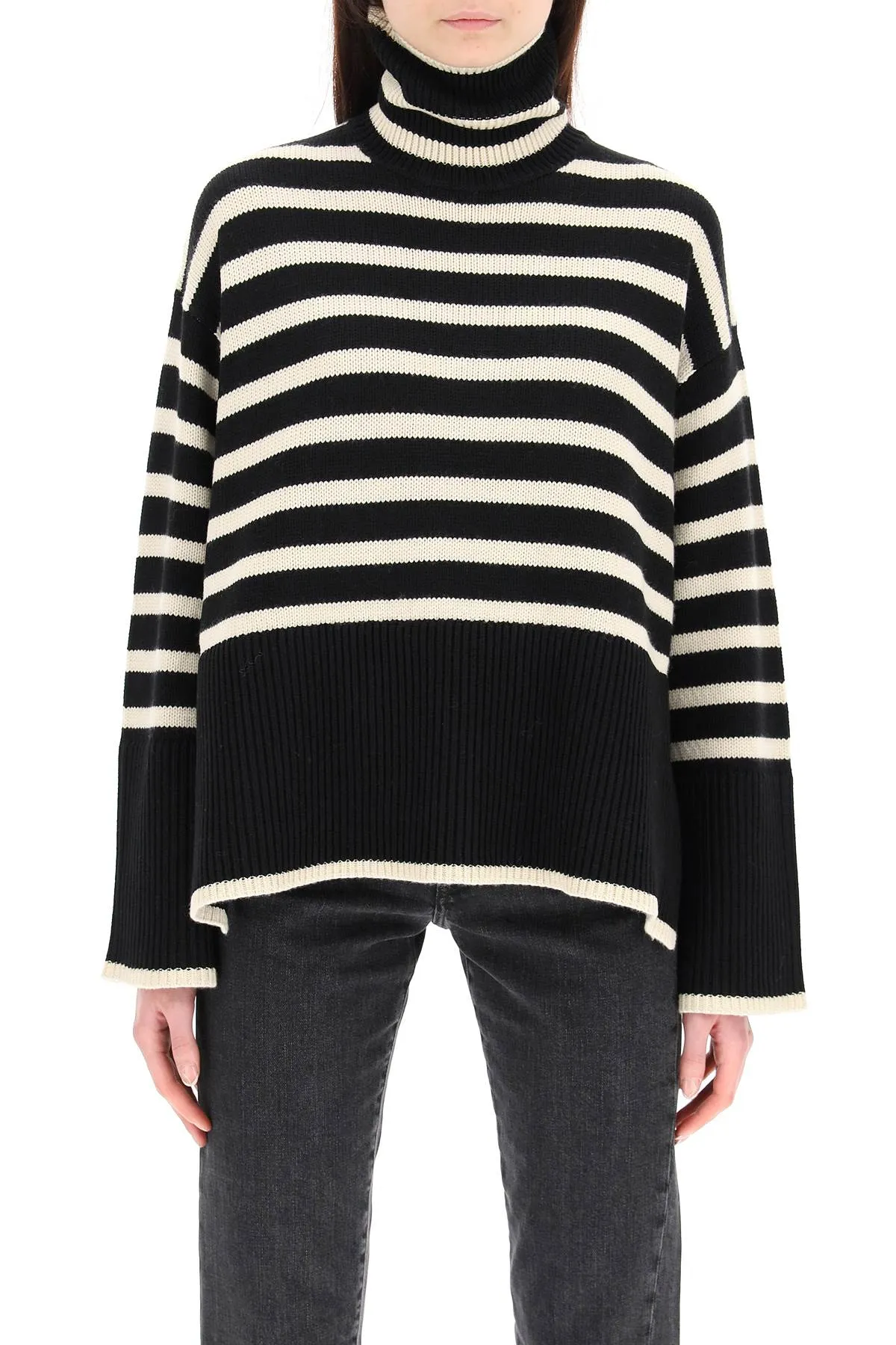 Toteme Striped Wool Cotton Turtleneck   Black