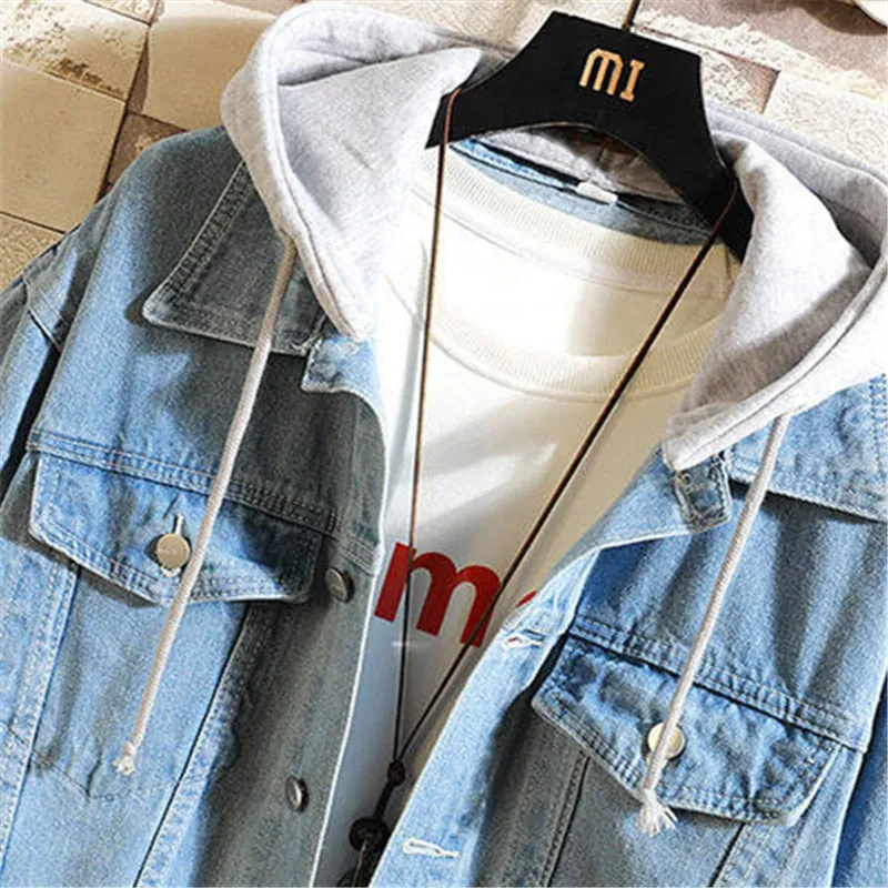 Xituodai Denim Jacket Men Hooded Casual Men Jean Jackets Streetwear Solid Color Turn Down Collar Denim Coats Men Jacktes Hat Det